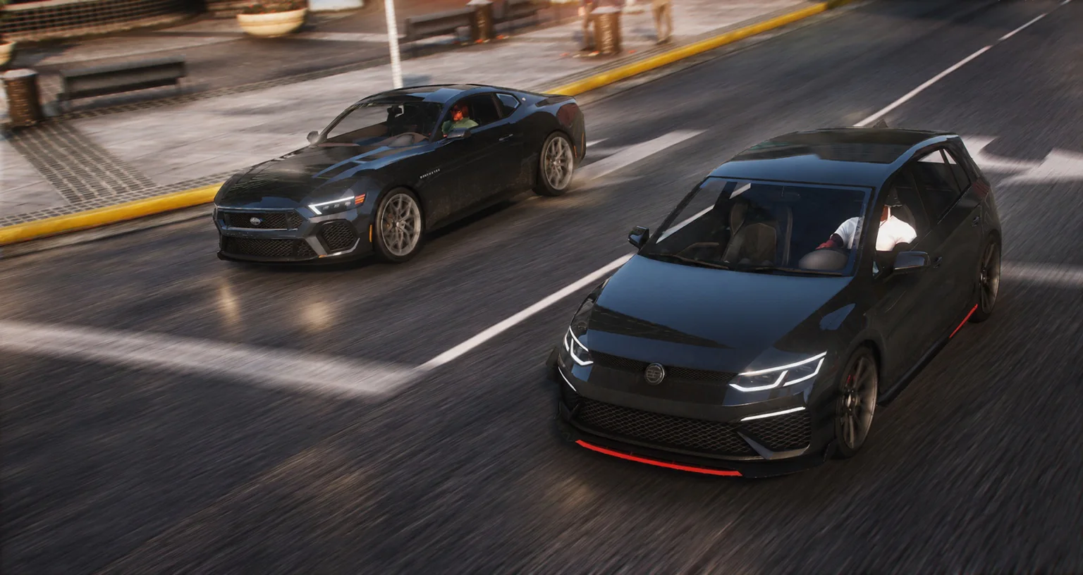 Dos coches oscuros compitiendo por una avenida de la ciudad